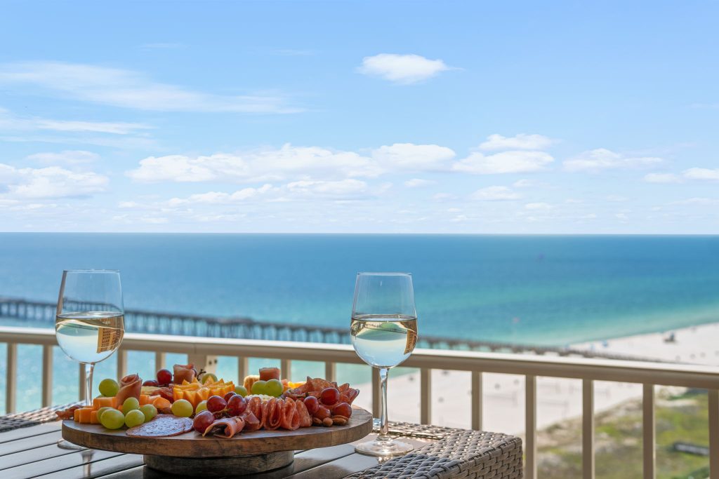 Beach Therapy Calypso Tower 3 Resort Unit 1604 Panama City Beach ocean view pier wine charcuterie